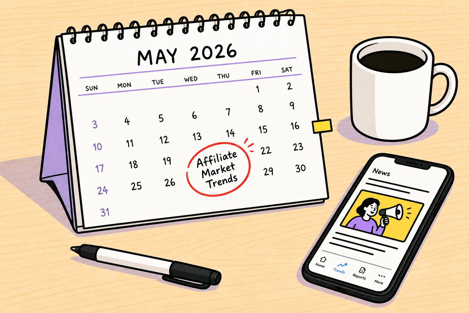 A clean whiteboard illustration showing affiliate marketing trends for 2026