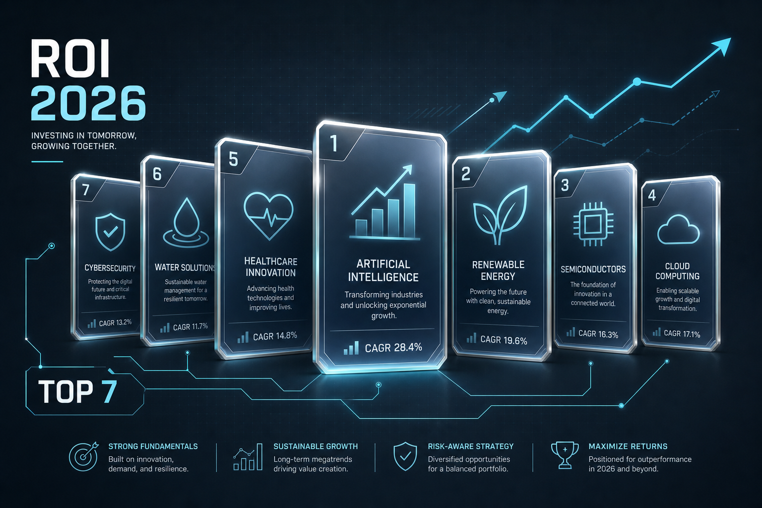 An editorial infographic layout showing seven isometric card silhouettes with electric cyan growth lines and holographic acce