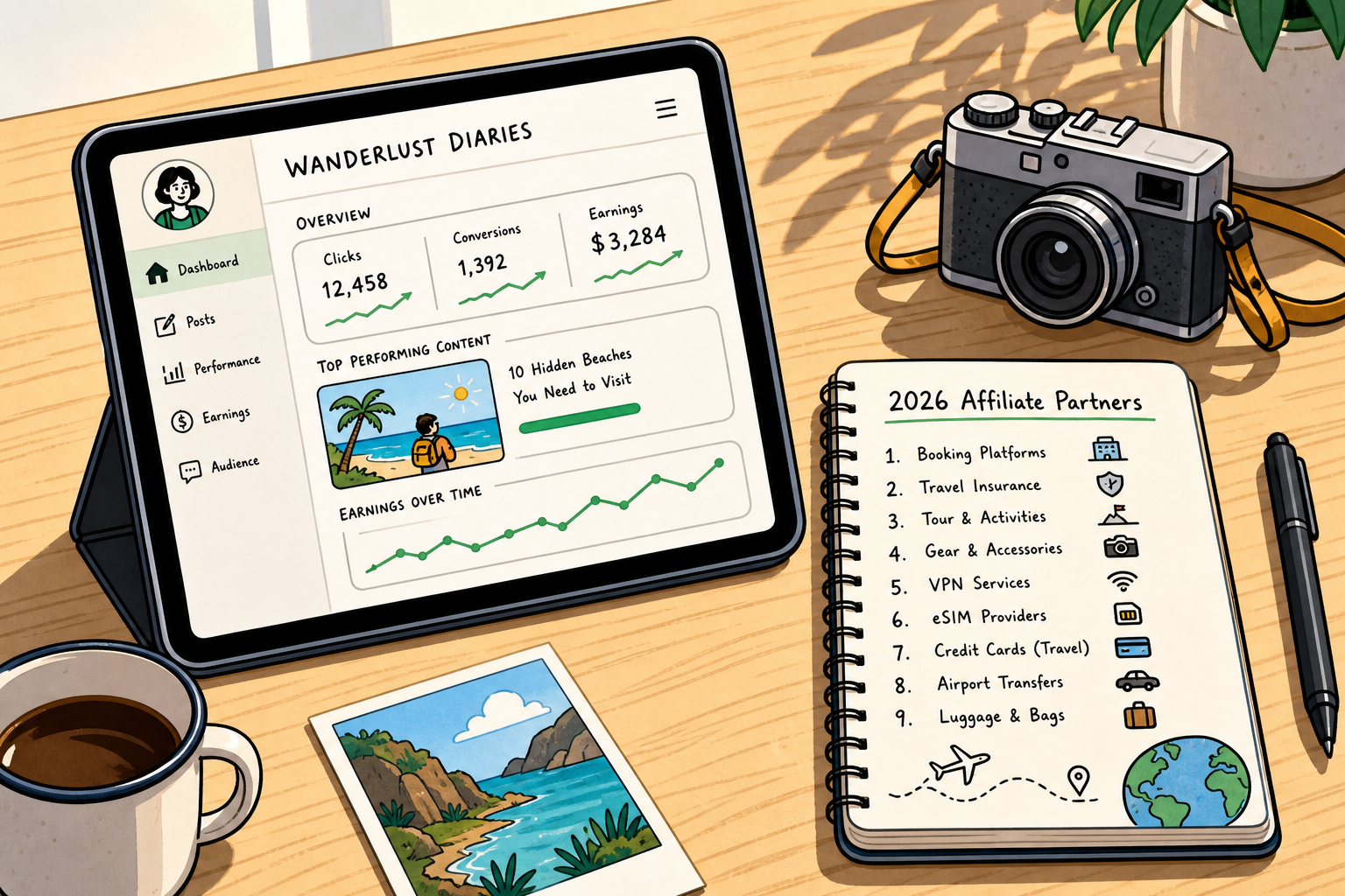 A curated collection of travel essentials and a laptop showing affiliate dashboards