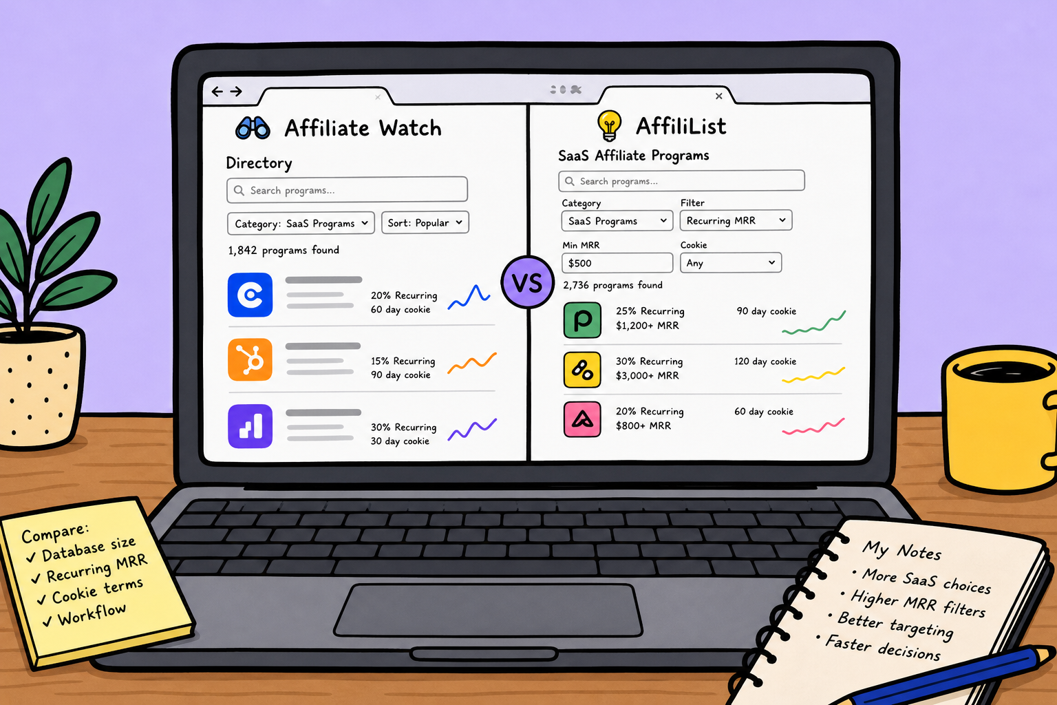 Editorial sketch comparing two affiliate directory interfaces on a creator desk beside a laptop and notebook.