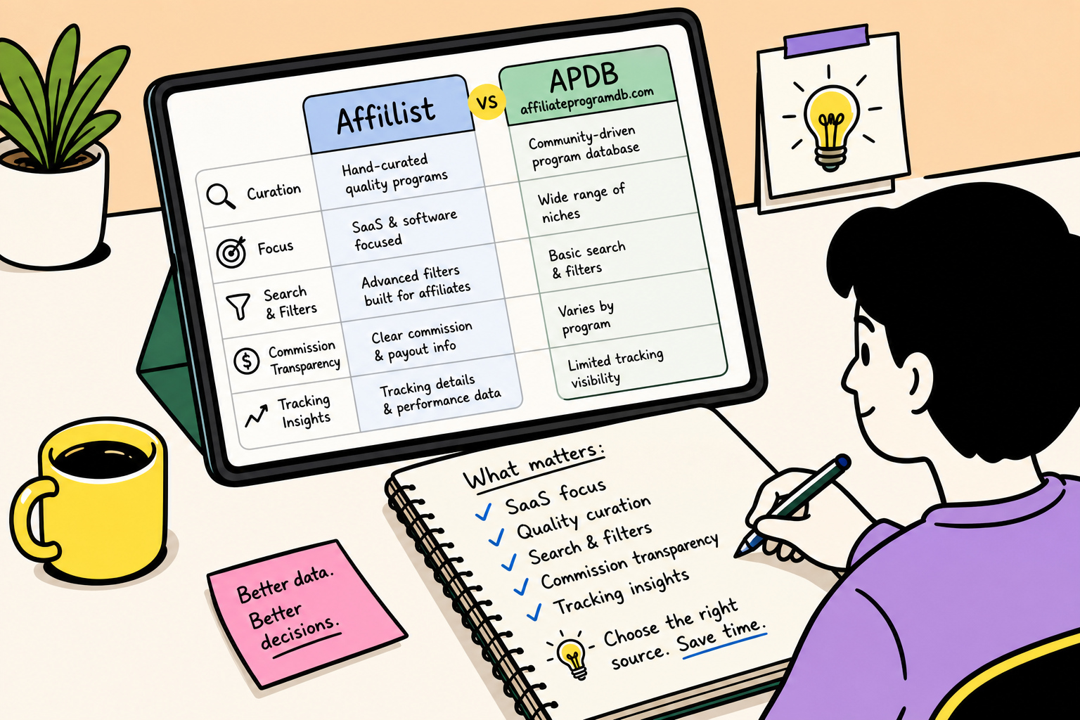 Sketch comparison of curated SaaS affiliate listings versus a wide directory catalog on a clean desk.