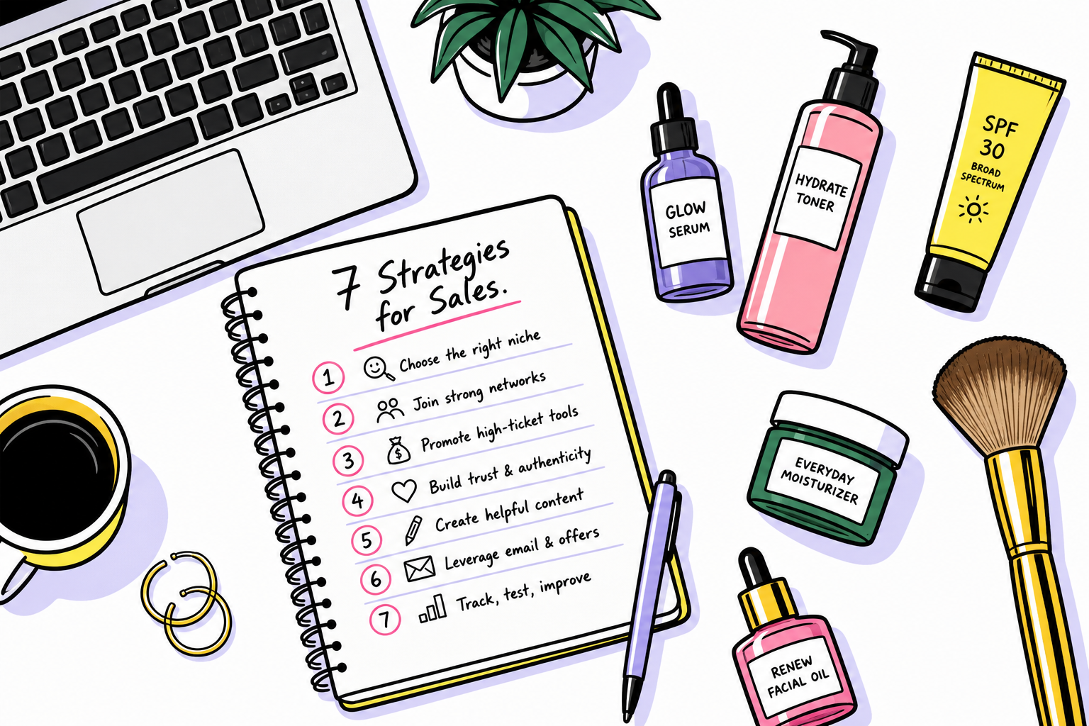 A stylish, flat-lay arrangement of beauty products, affiliate charts, and a laptop on a desk.