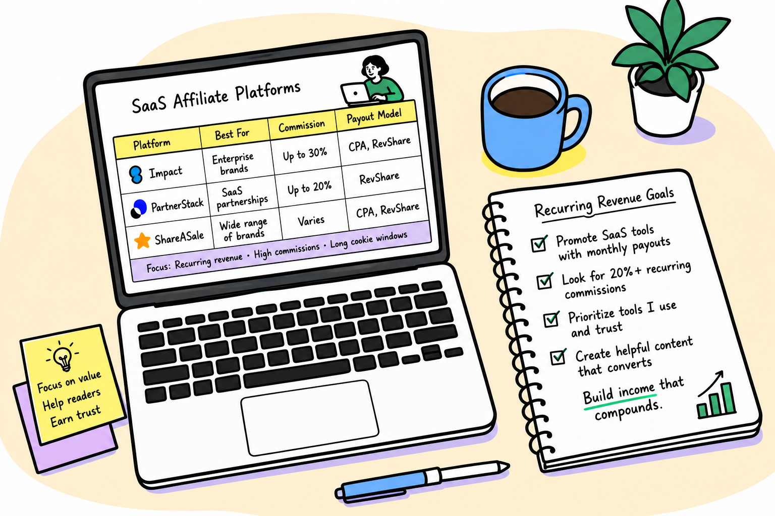 Illustration comparing retail affiliate commissions with recurring SaaS revenue streams for tech publishers