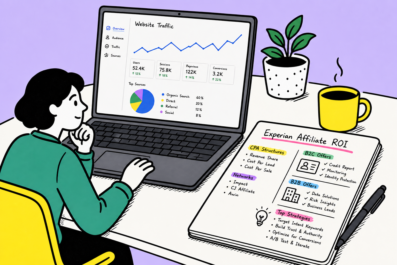 A workspace with a credit report chart, sticky notes detailing CPA payouts, and a laptop showing finance analytics.