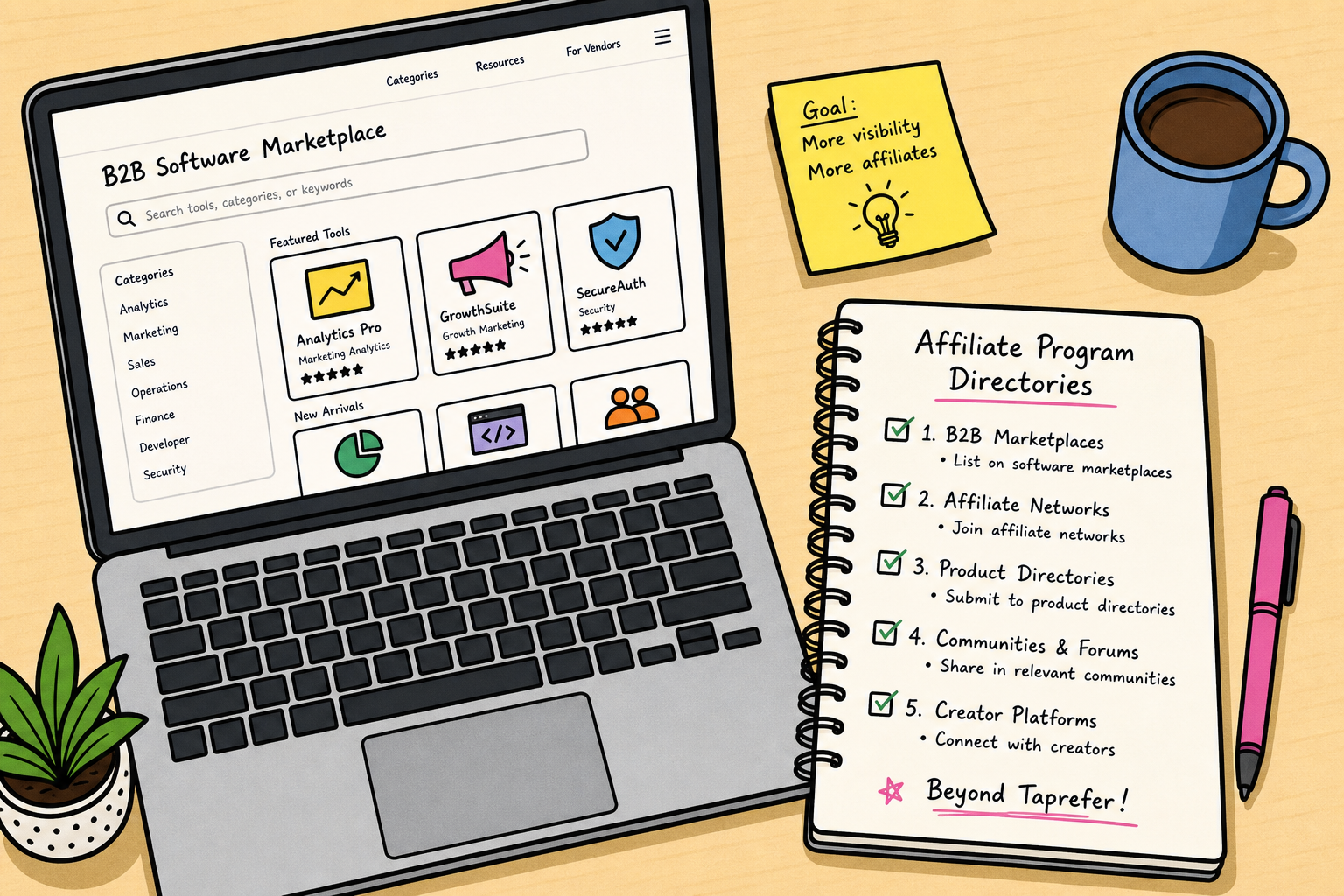 Editorial sketch of a SaaS founder connecting software to multiple affiliate directories and partner networks.