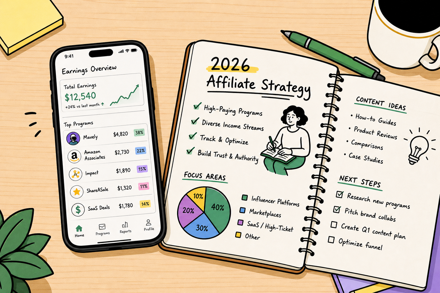 A creator reviewing affiliate program dashboards on a laptop with commission charts visible.