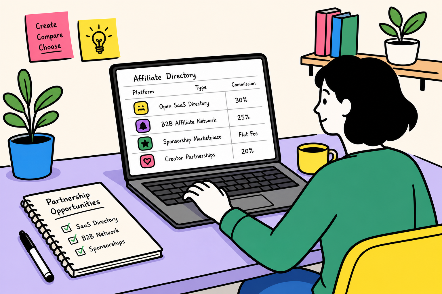 Sketch illustration comparing different software affiliate discovery tools and directories on a creator desk.
