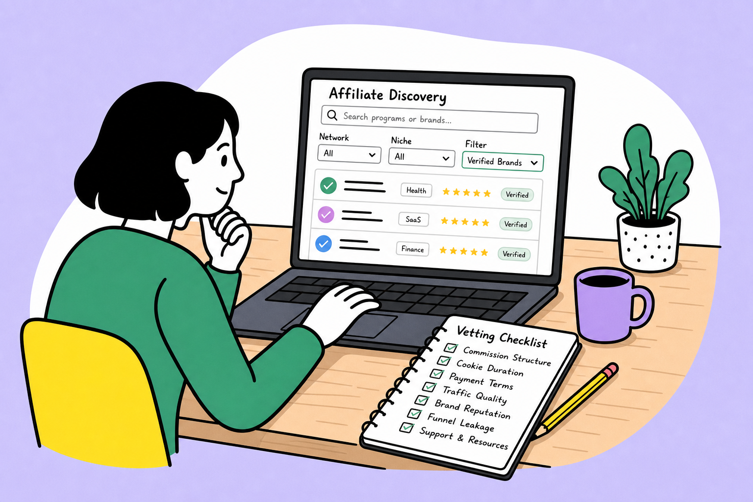 Illustration representing modern digital tools and directories used to discover and vet high-paying affiliate programs.