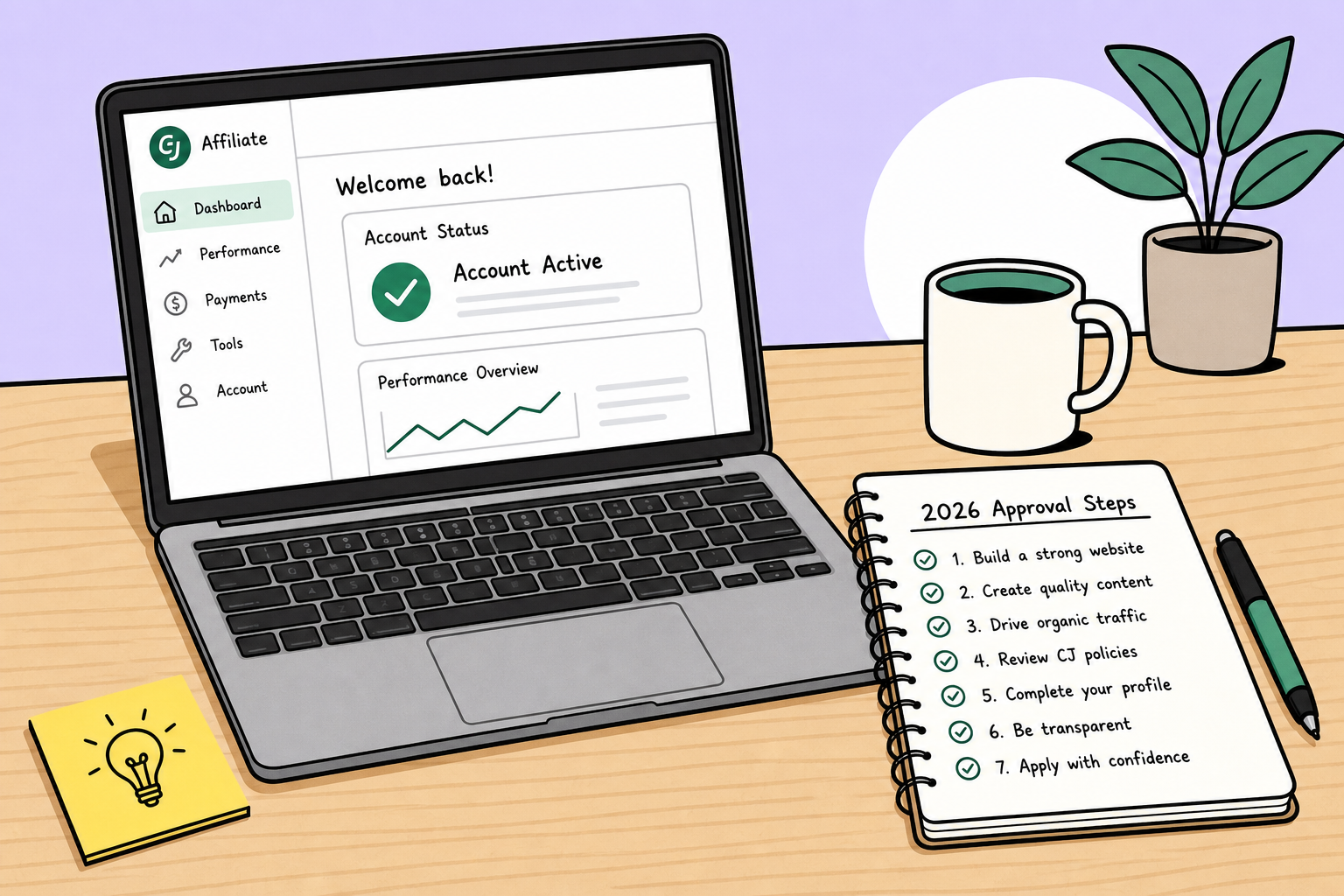 A laptop displaying a clean affiliate marketing dashboard showing CJ network approval status.