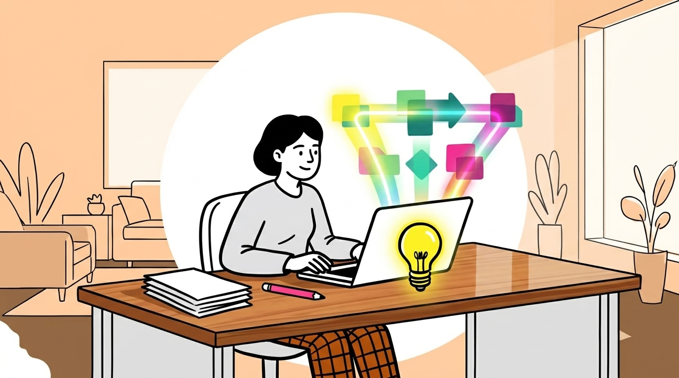 A professional working at a desk surrounded by automated digital workflow icons and AI productivity tools.