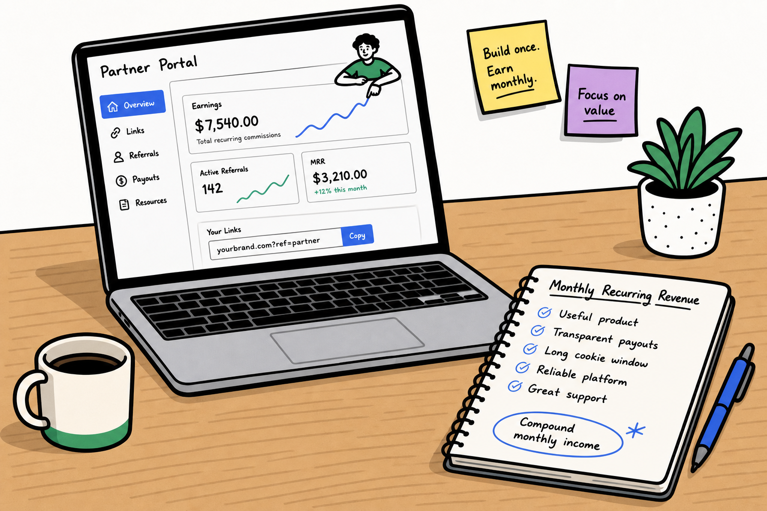 Editorial illustration showing compounding recurring subscription revenue streams versus one-time sales for affiliate marketers.