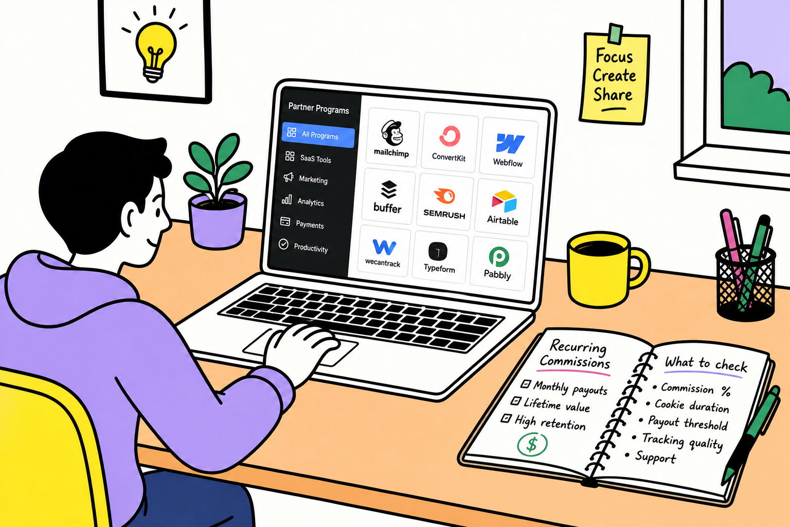 A sketchy pop-art illustration comparing legacy affiliate networks with modern SaaS recurring tech affiliate directories.