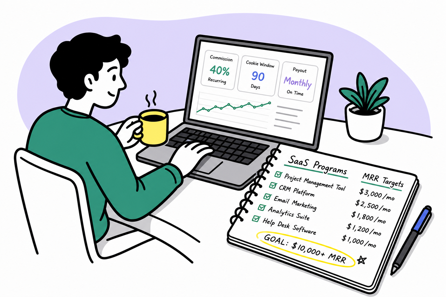 Editorial sketch of a recurring SaaS affiliate revenue dashboard with compounding monthly payout graphs.