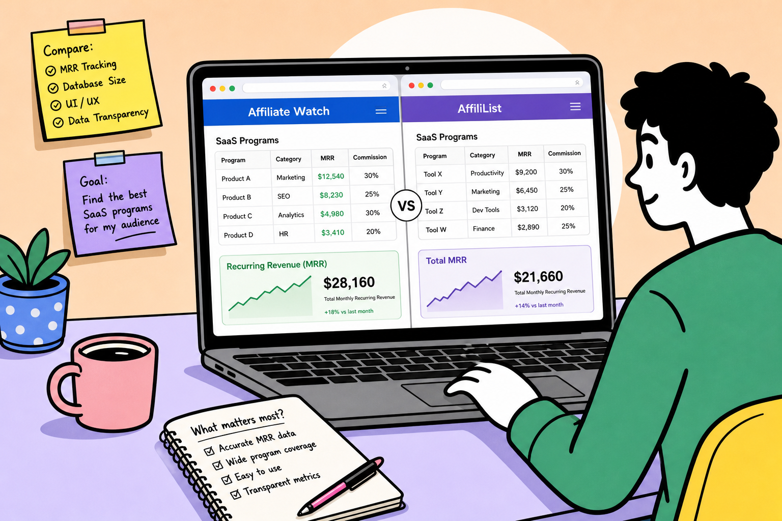 Editorial sketch comparing two digital discovery dashboards for SaaS affiliate programs with notes and commission badges.