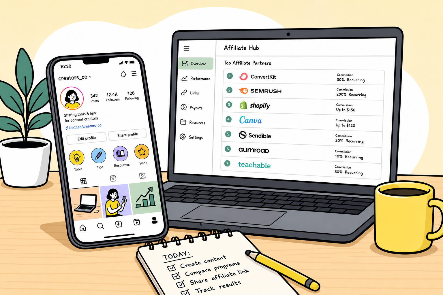 A mobile phone displaying an Instagram profile with affiliate marketing analytics and commission charts hovering above it.