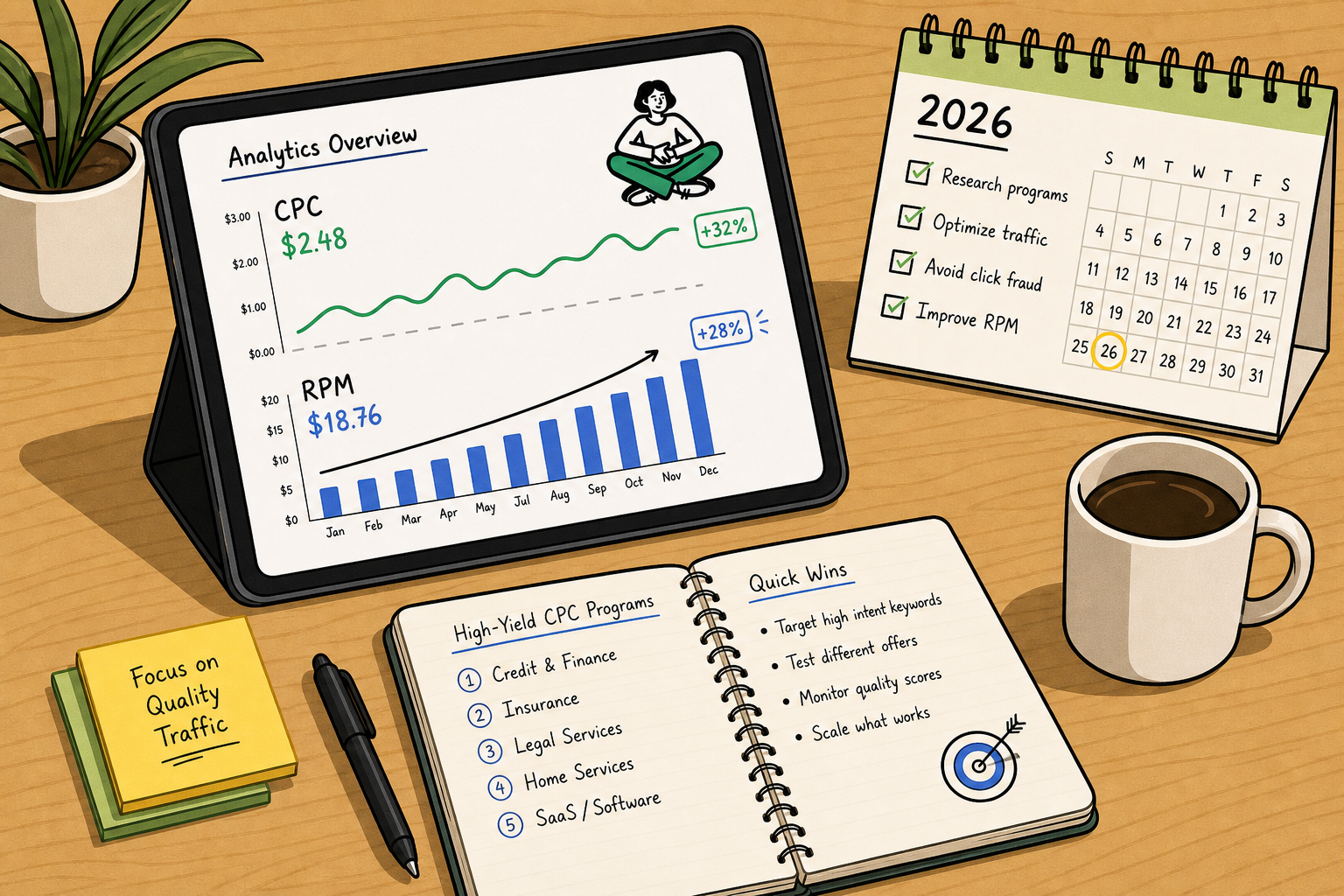 A notebook sketch showing a click cursor intersecting a growing bar chart, symbolizing CPC affiliate revenue growth.