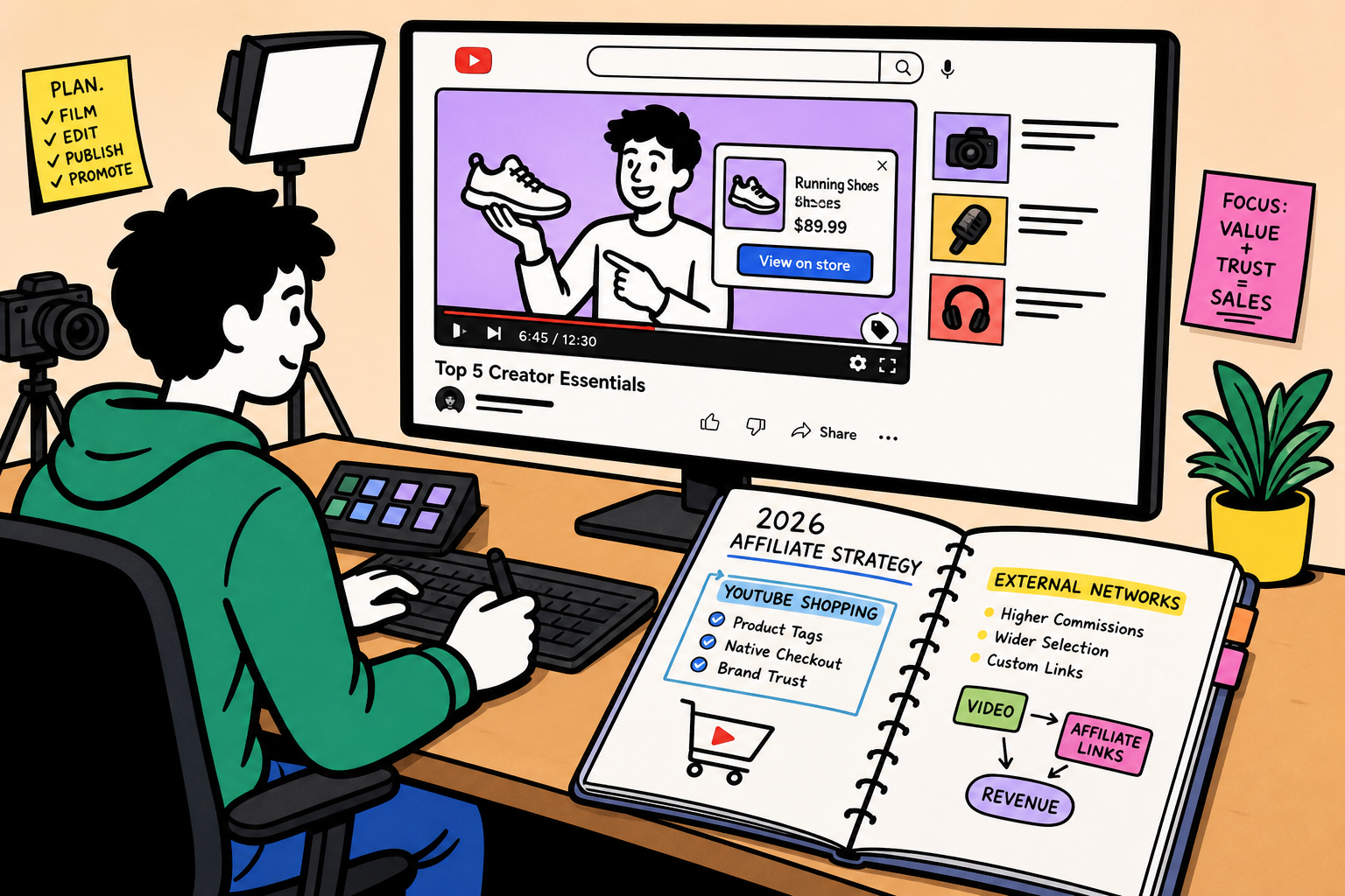 A creator's desk showing YouTube analytics on a monitor alongside affiliate marketing software icons.