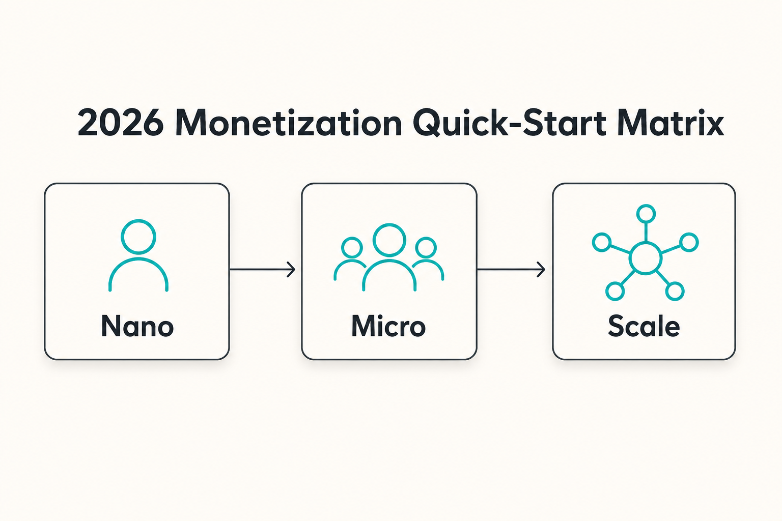 A minimalist 16:9 infographic showing a horizontal matrix of three audience growth tiers labeled Nano, Micro, and Scale, usin