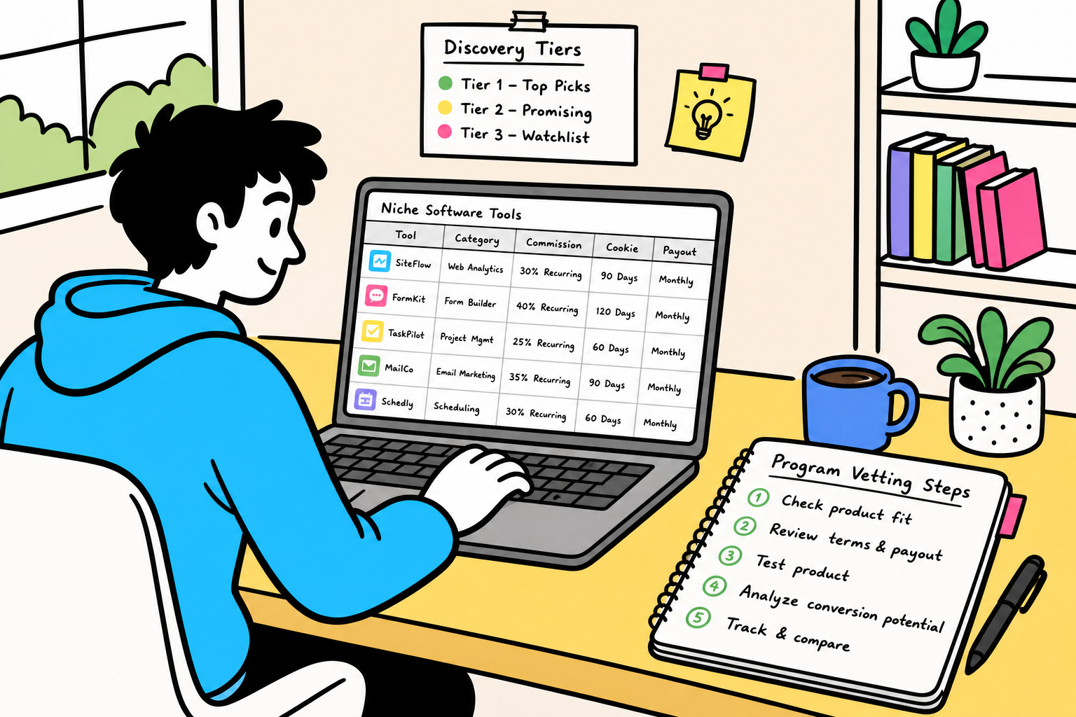 Illustration showing a magnifying glass scanning through SaaS affiliate programs and discovery channels