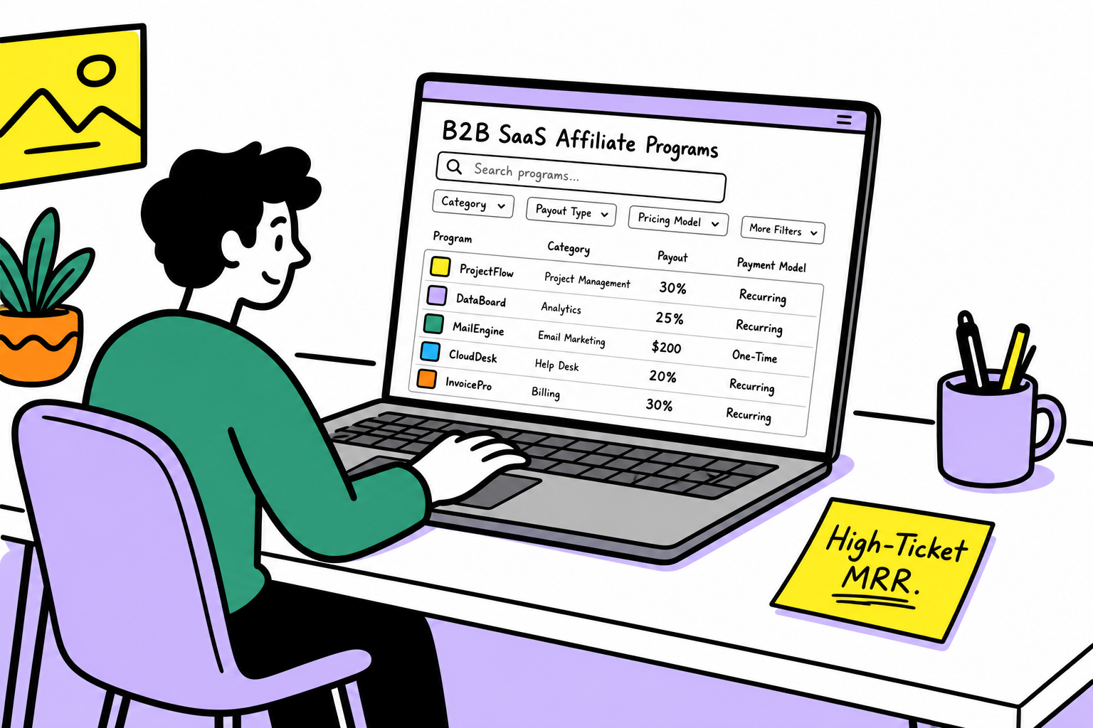 A sketchy editorial illustration comparing legacy retail affiliate platforms with recurring MRR SaaS directory hubs.