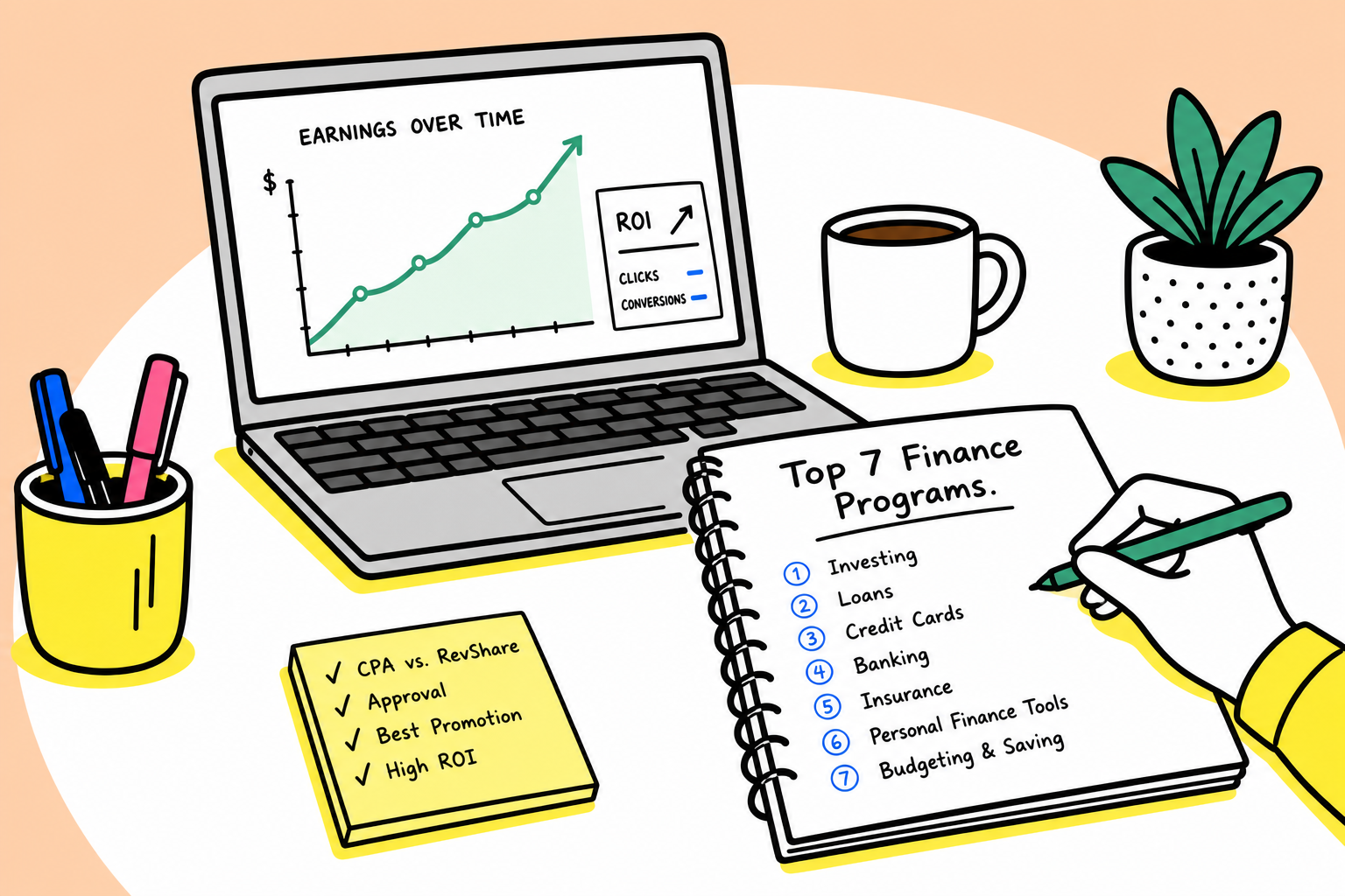 A conceptual desk setup with a notebook, pen, and financial charts showing upward revenue growth in an affiliate marketing context.