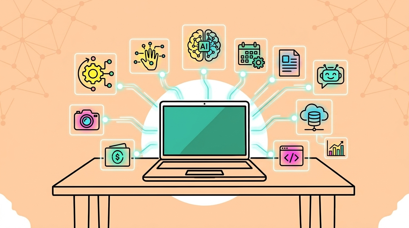 A modern digital workspace illustrating the best AI tools in 2026 automating business workflows.