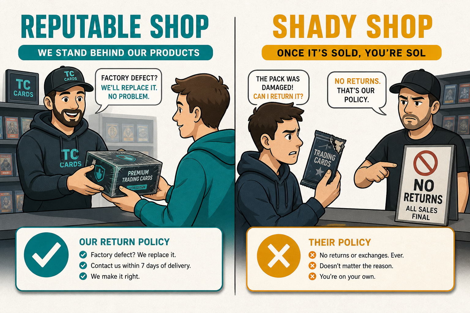 A 2D vector infographic comparing a reputable shop that helps customers with factory-defective trading cards versus a shady s