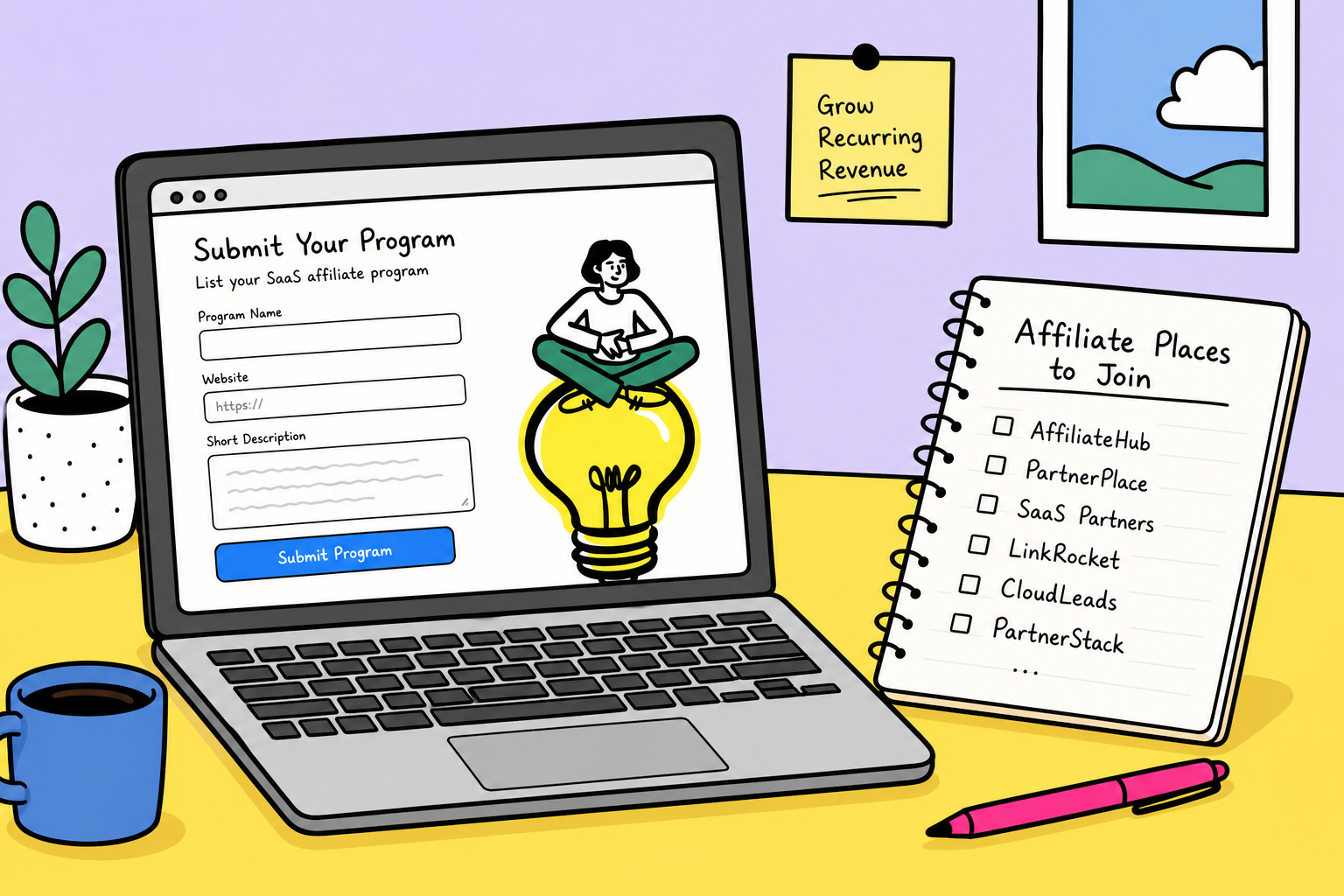 Bold pop sketchy illustration showing a SaaS founder submitting an affiliate program to various directory platforms.