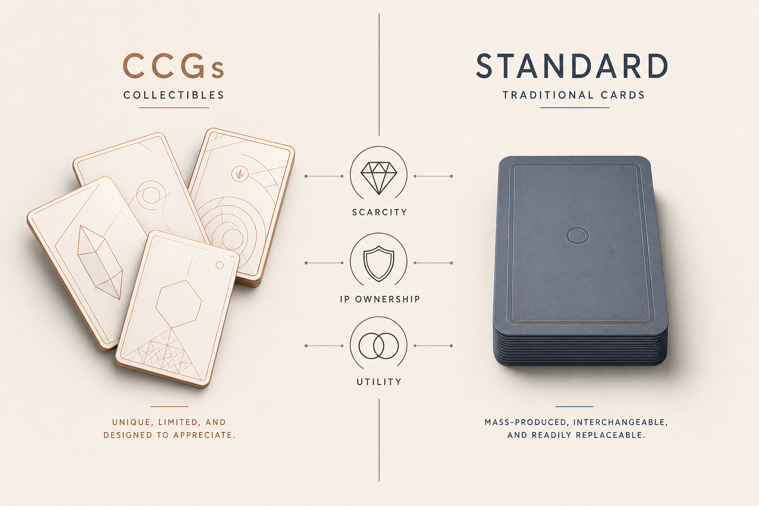 A professional minimalist infographic comparing the resale value drivers of collectible card games versus traditional cards,
