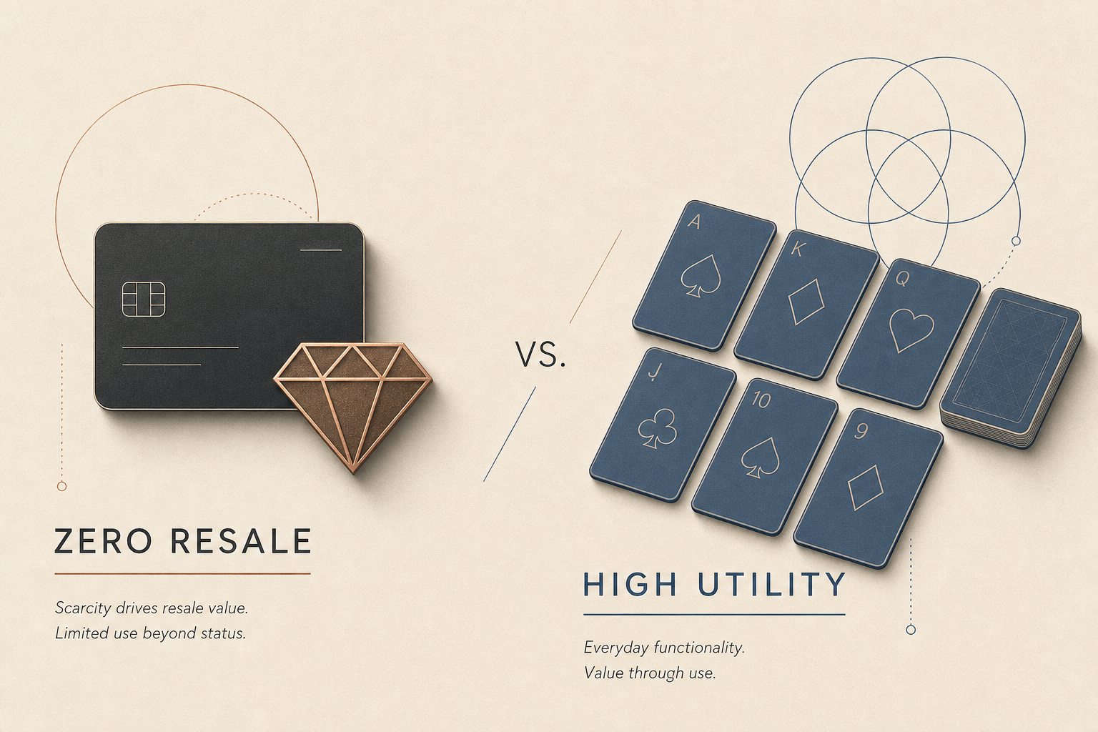 An infographic comparing the financial resale value of collectible cards against the play utility of traditional cards, shown