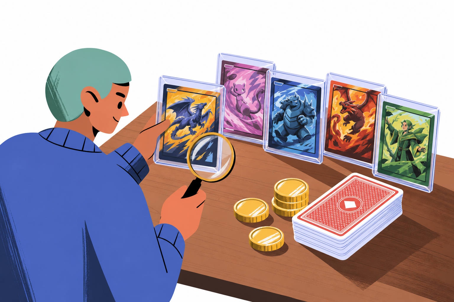 A graded holographic Pokémon card resting next to a traditional deck of playing cards.