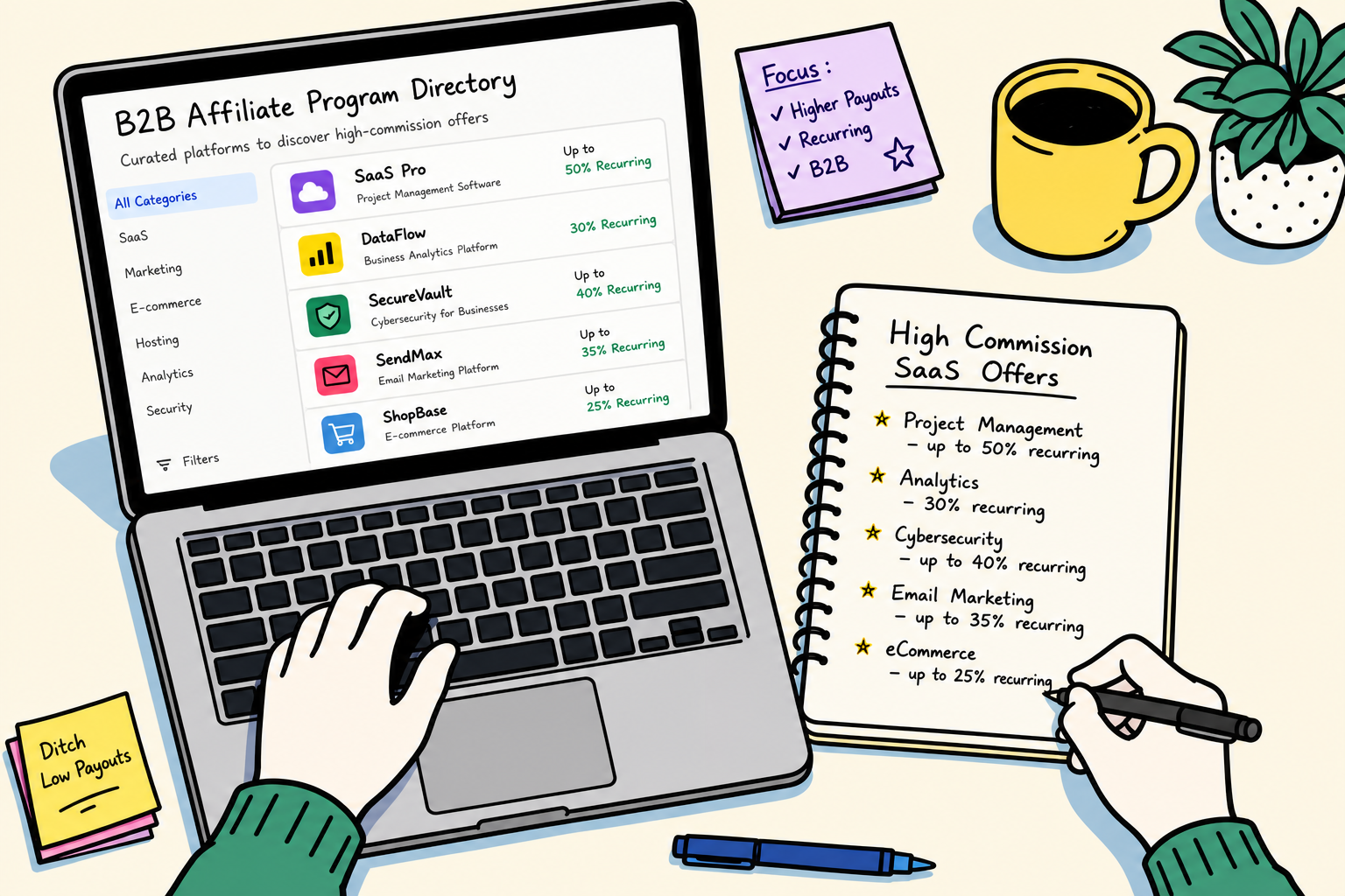 Editorial style illustration showing modern affiliate discovery directories versus cluttered legacy affiliate networks.
