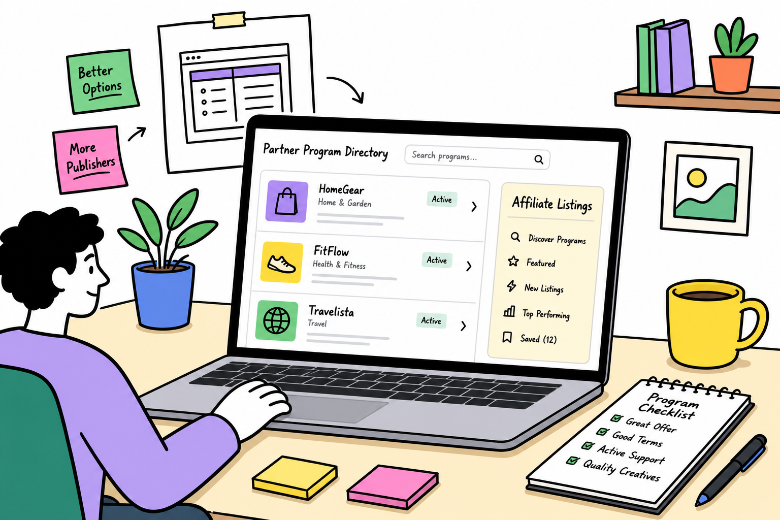 Bold sketchy illustration representing affiliate program directory submission and publisher recruitment.