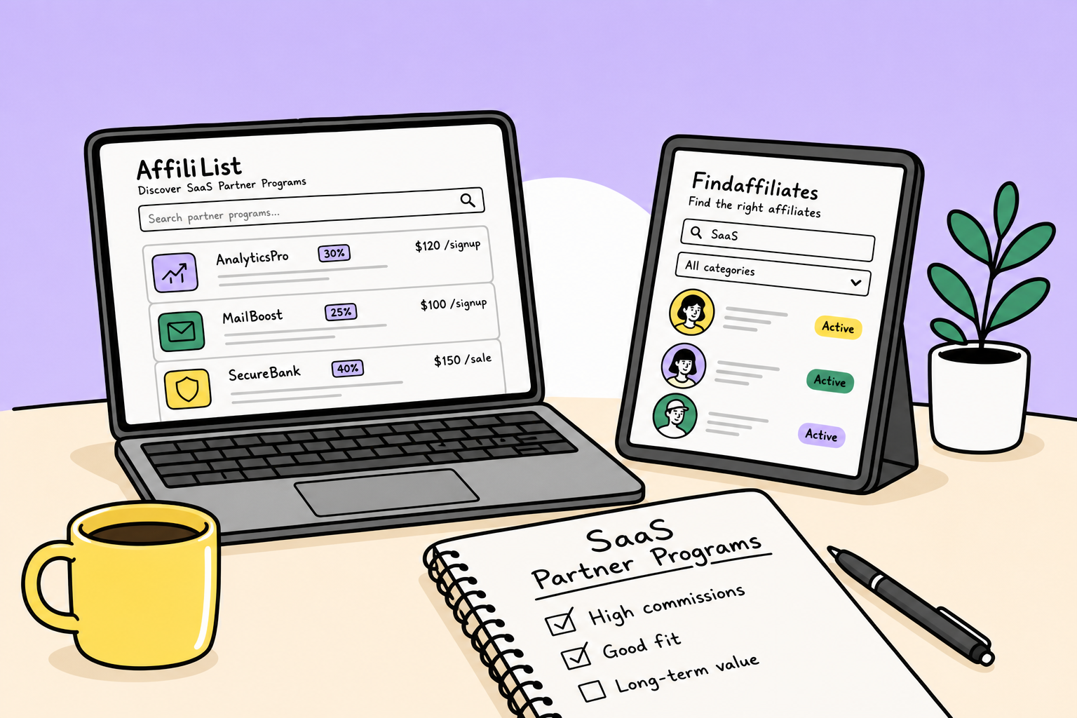 Bold sketched illustration comparing two discovery paths for digital partner programs and affiliate networks.