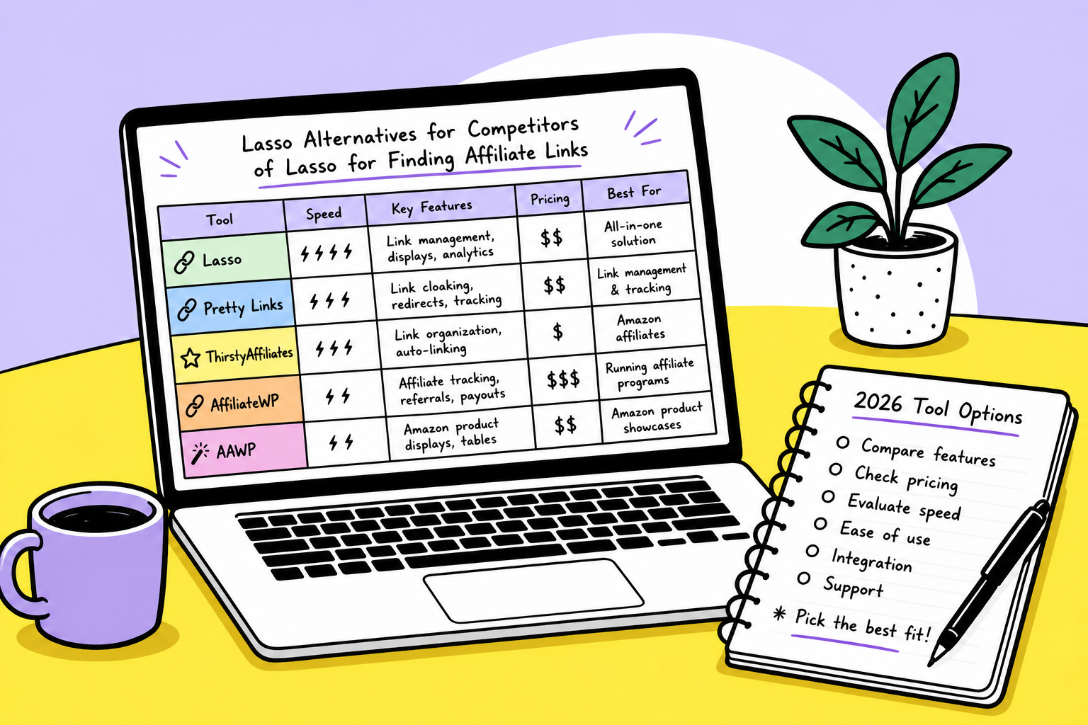 Comparison of Lasso alternatives and affiliate link management software displayed on a digital workspace desk.