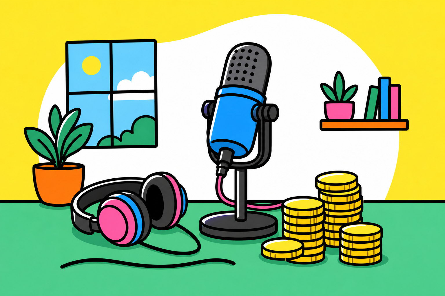 A podcaster speaking into a microphone with affiliate marketing revenue charts in the background.