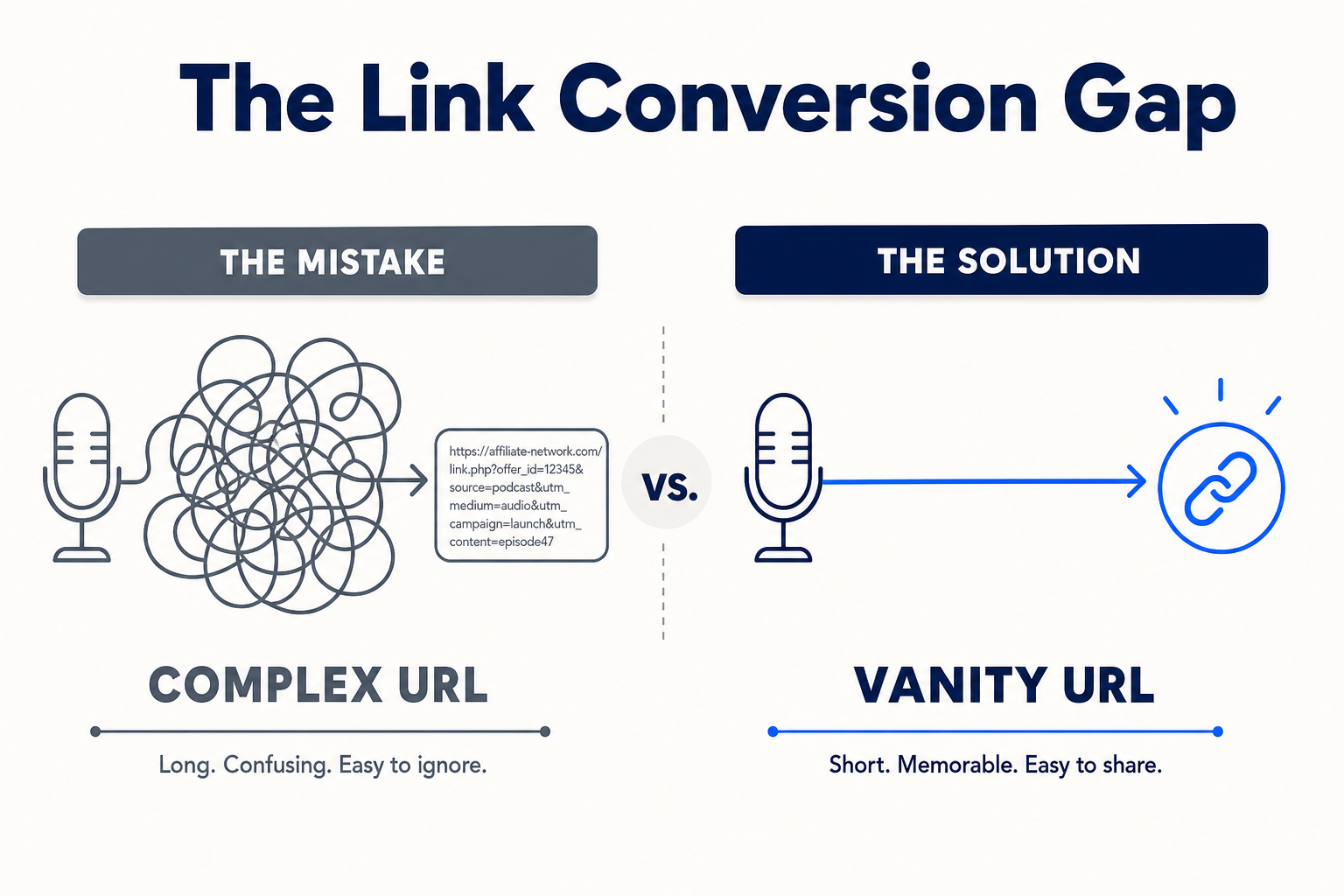A horizontal comparison infographic showing the 'Wrong Way' vs. 'Right Way' of sharing links in a podcast. The left side show