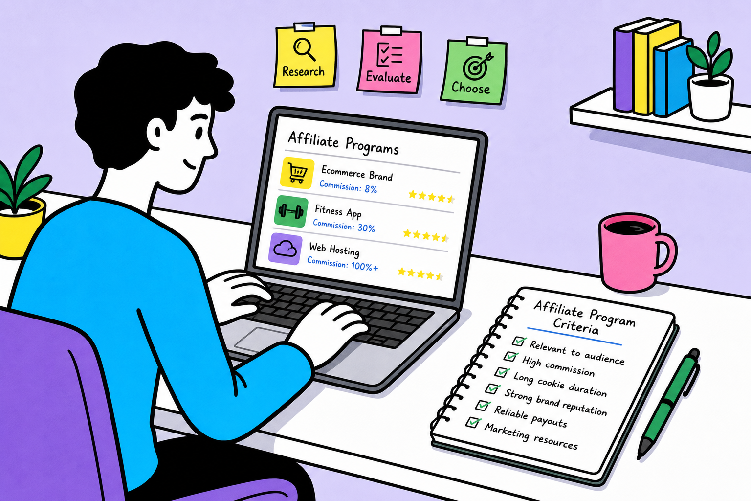 A magnifying glass inspecting data metrics and high-converting affiliate programs on a clean dashboard.