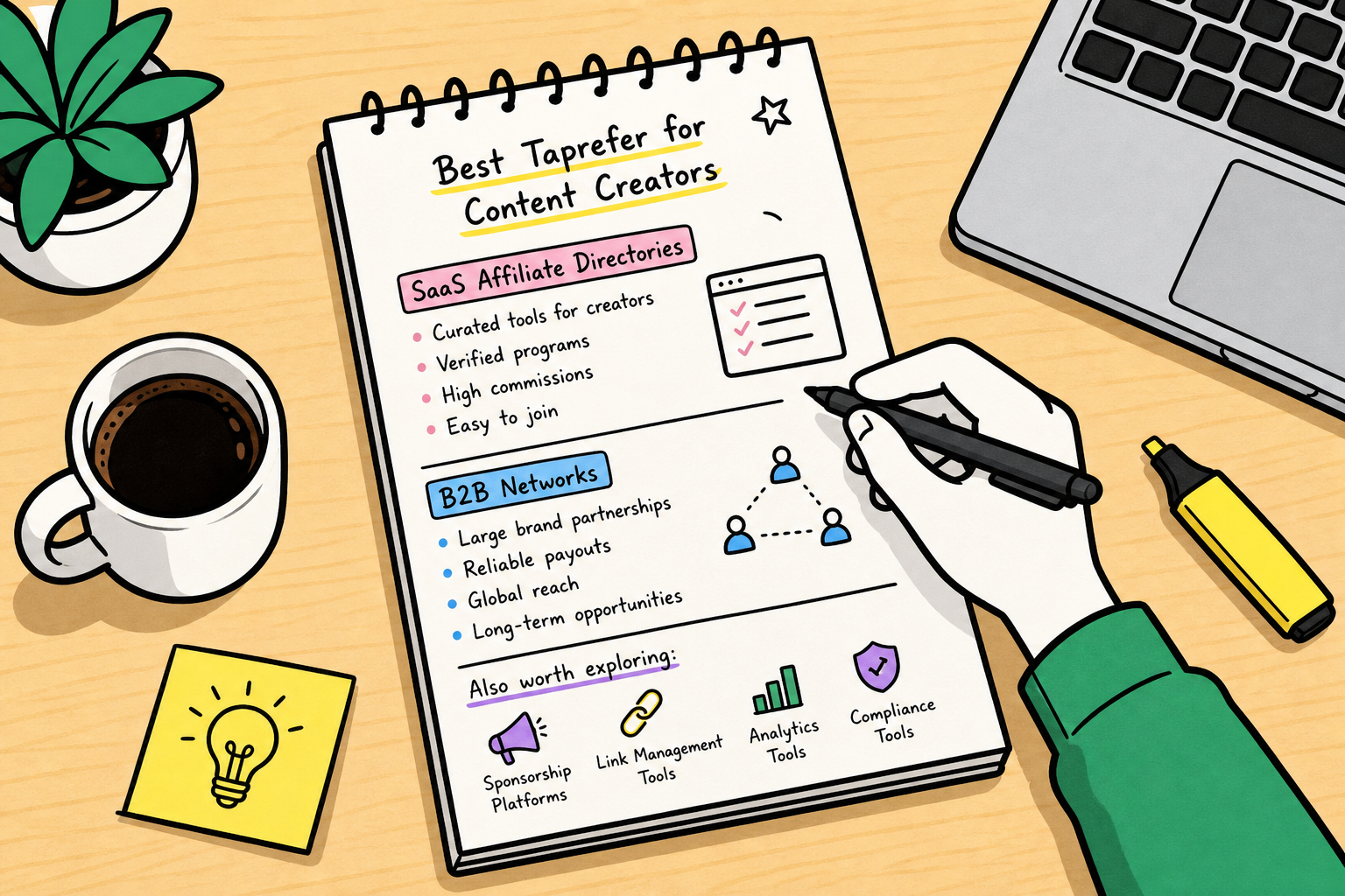 Bold sketchy pop style illustration comparing creator monetization tools and affiliate software directories.