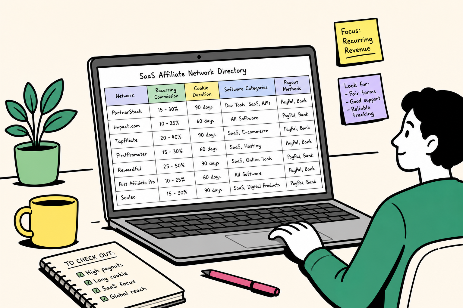Editorial illustration of a digital database organizing software affiliate networks and high-paying SaaS partner programs.