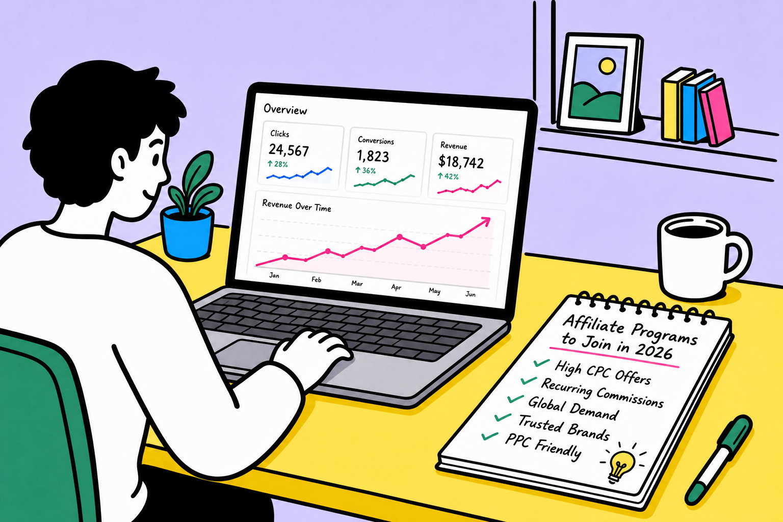 A digital tablet displaying an affiliate marketing dashboard with a pay-per-click tracking chart and strategic notes.