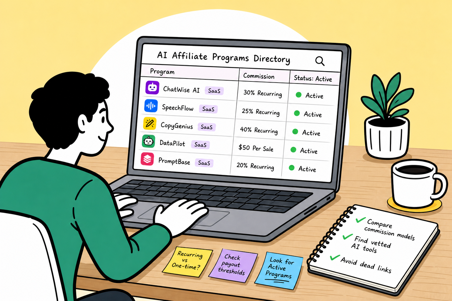 Editorial sketch showing an affiliate marketer filtering active AI software partner programs across transparent data cards.