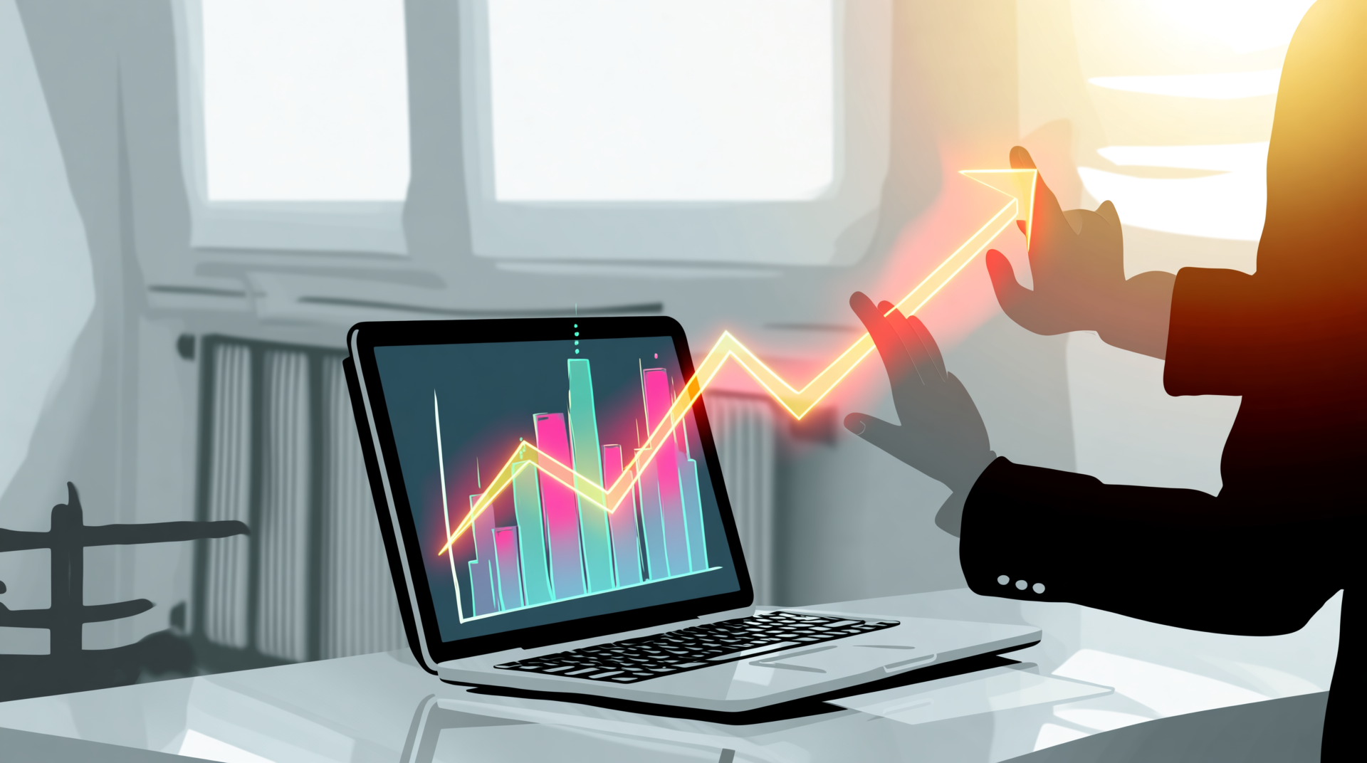 A laptop screen displaying an affiliate marketing dashboard with a 10 percent conversion rate and rising profit chart.