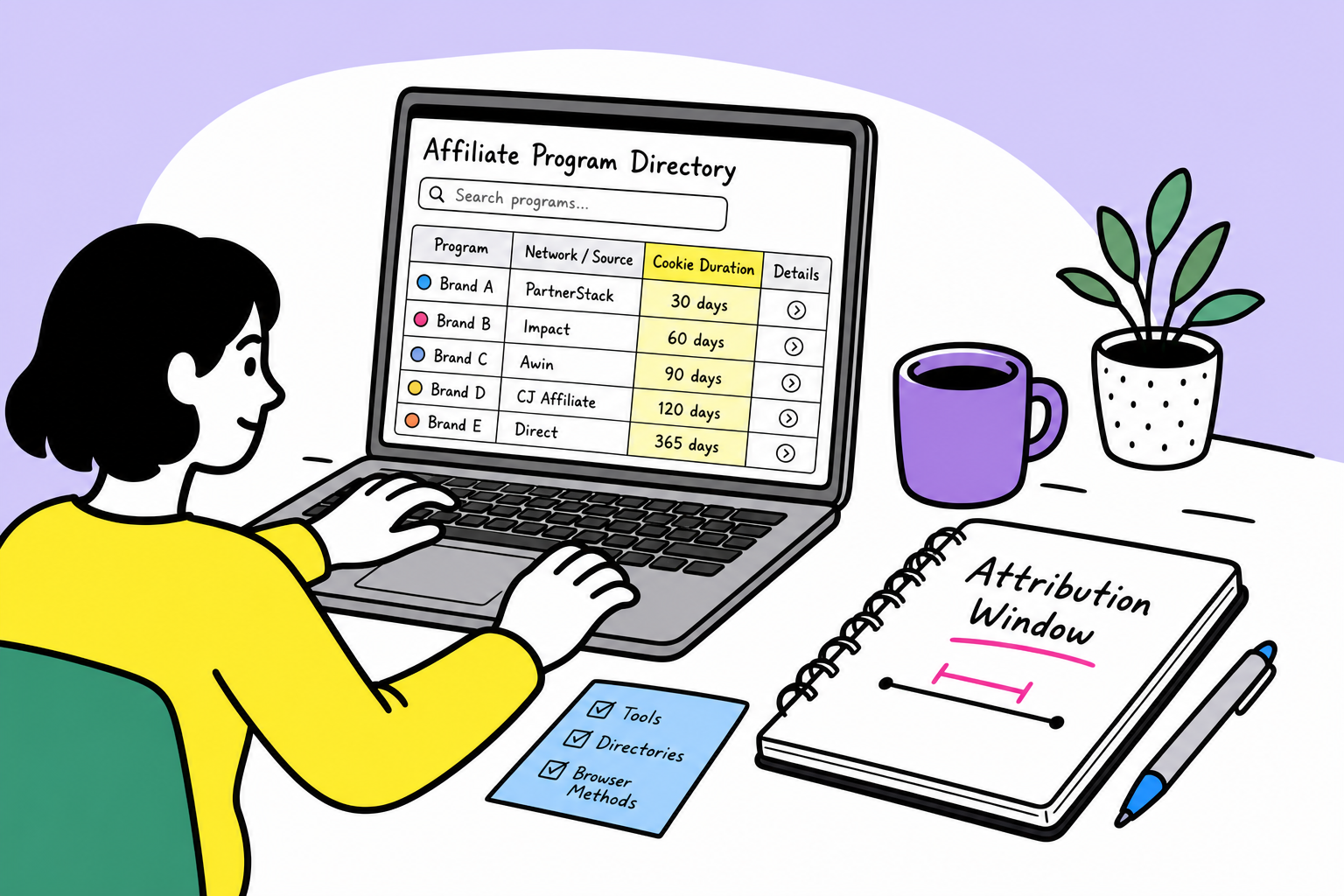 Illustration of an open affiliate analytics database interface tracking cookie duration timelines and conversion rates.