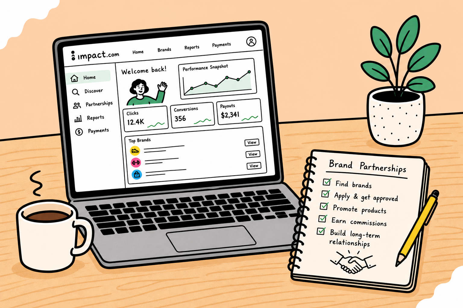 A structured workspace showing a laptop, notebook, and digital analytics charts representing affiliate partnership management on Impact.