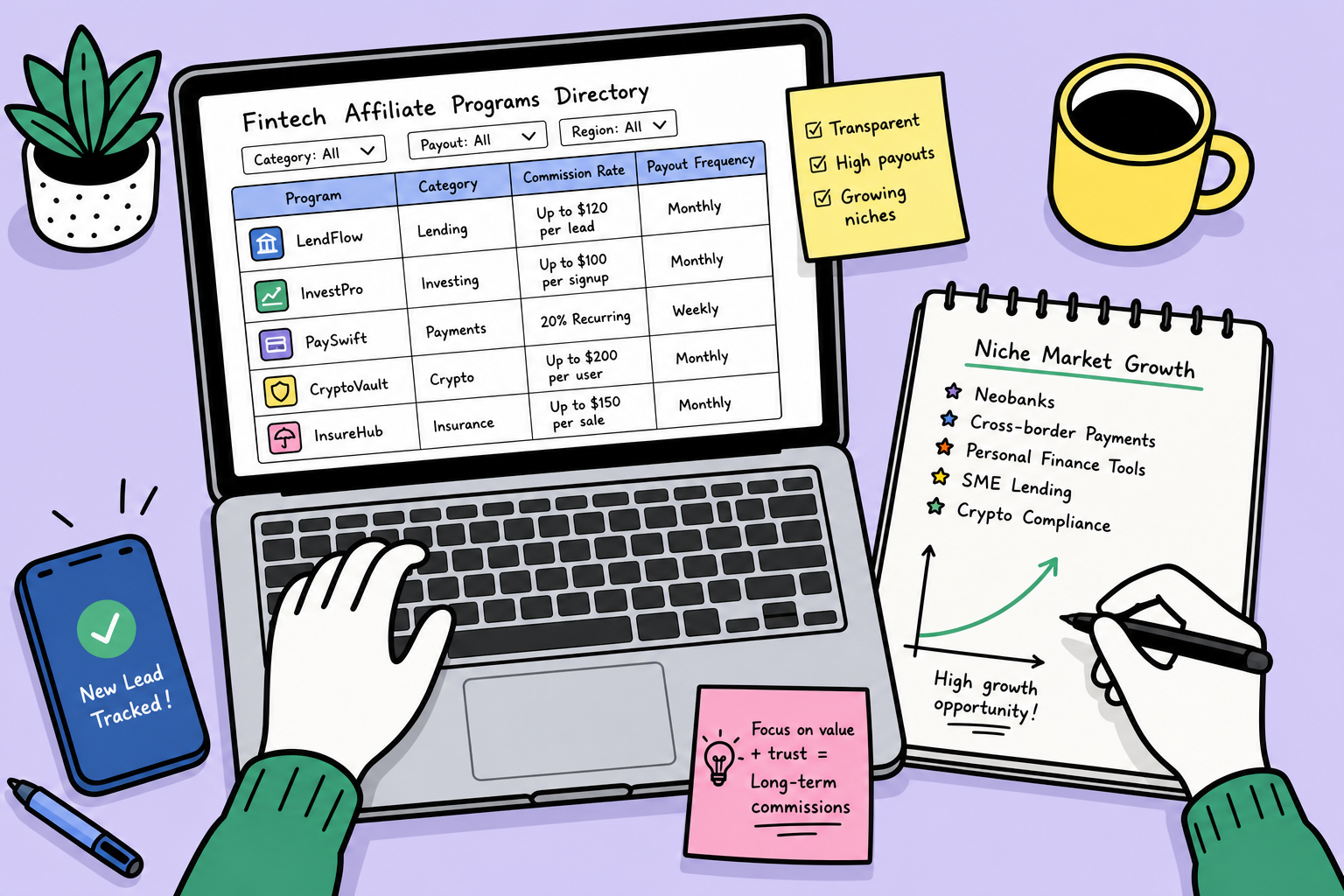 Editorial illustration comparing legacy affiliate networks with a modern searchable fintech affiliate directory.