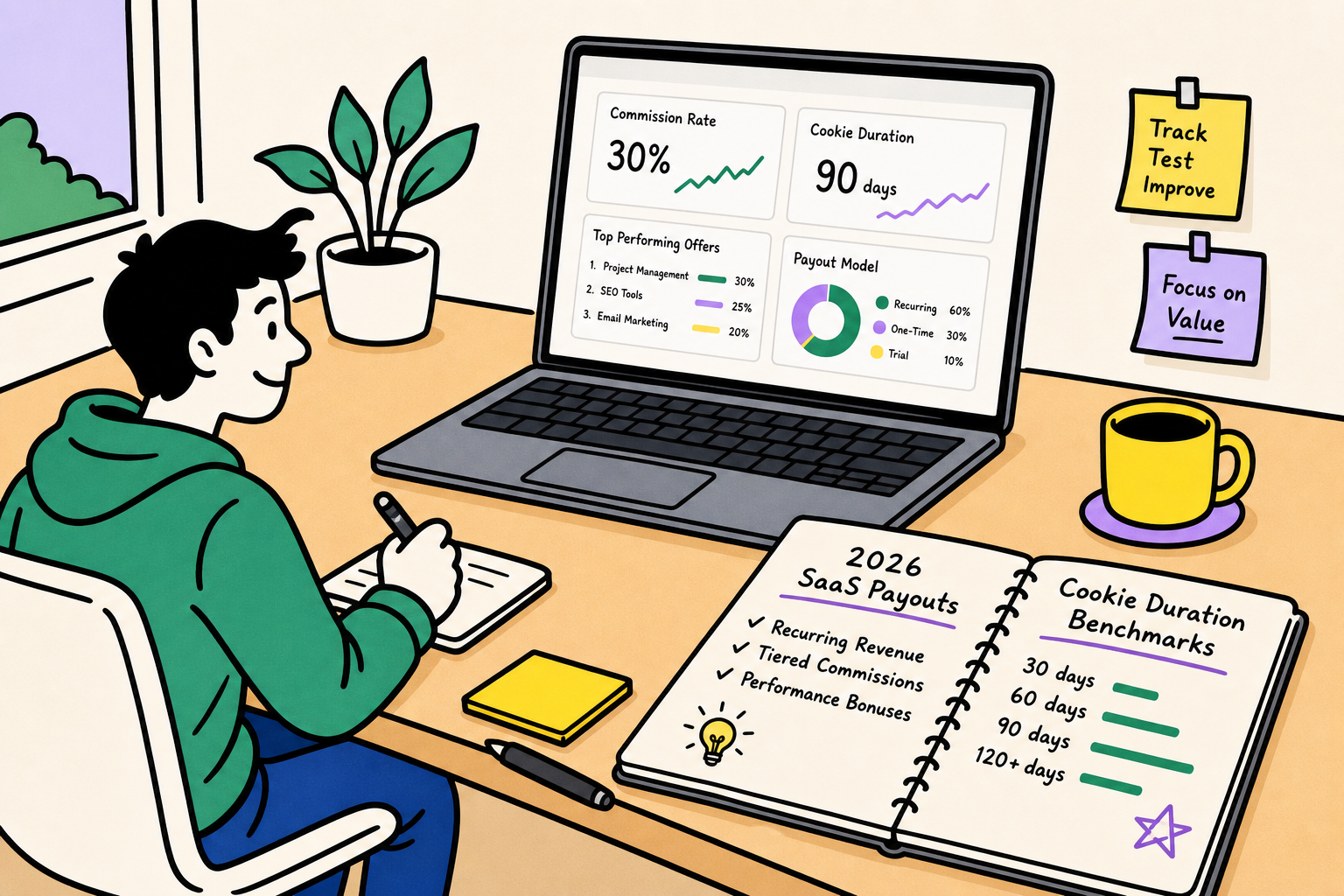 Bold sketchy editorial illustration showing SaaS affiliate metrics, commission rates, and cookie duration tracking.