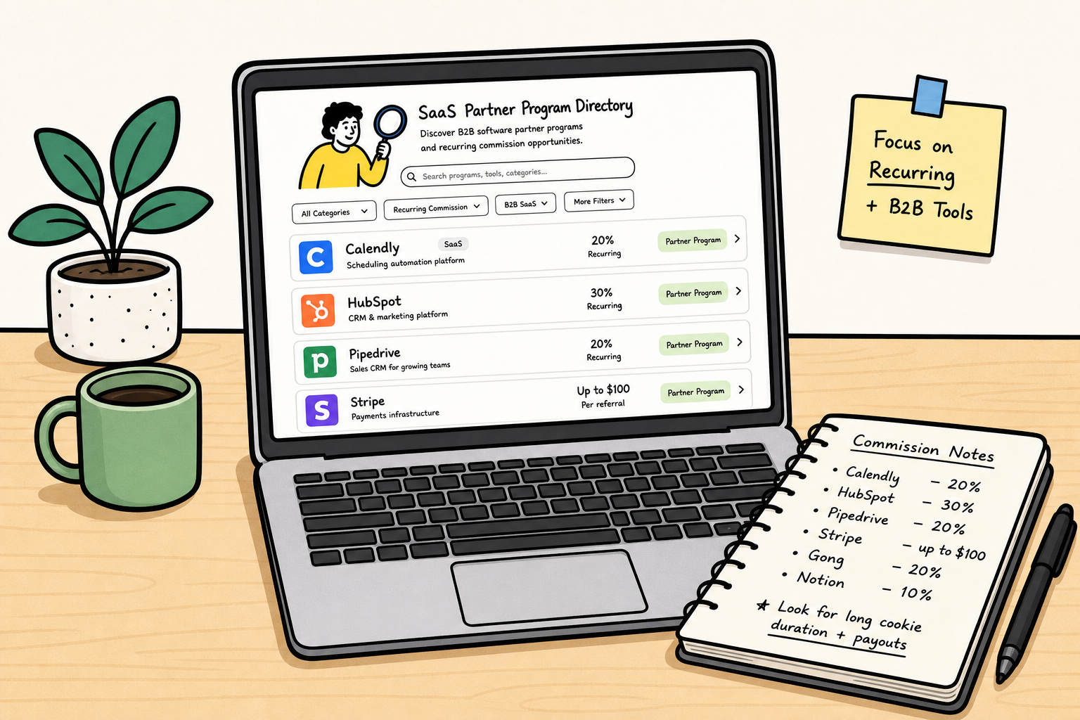 Illustration of software partner directories, recurring revenue charts, and B2B affiliate discovery tools.