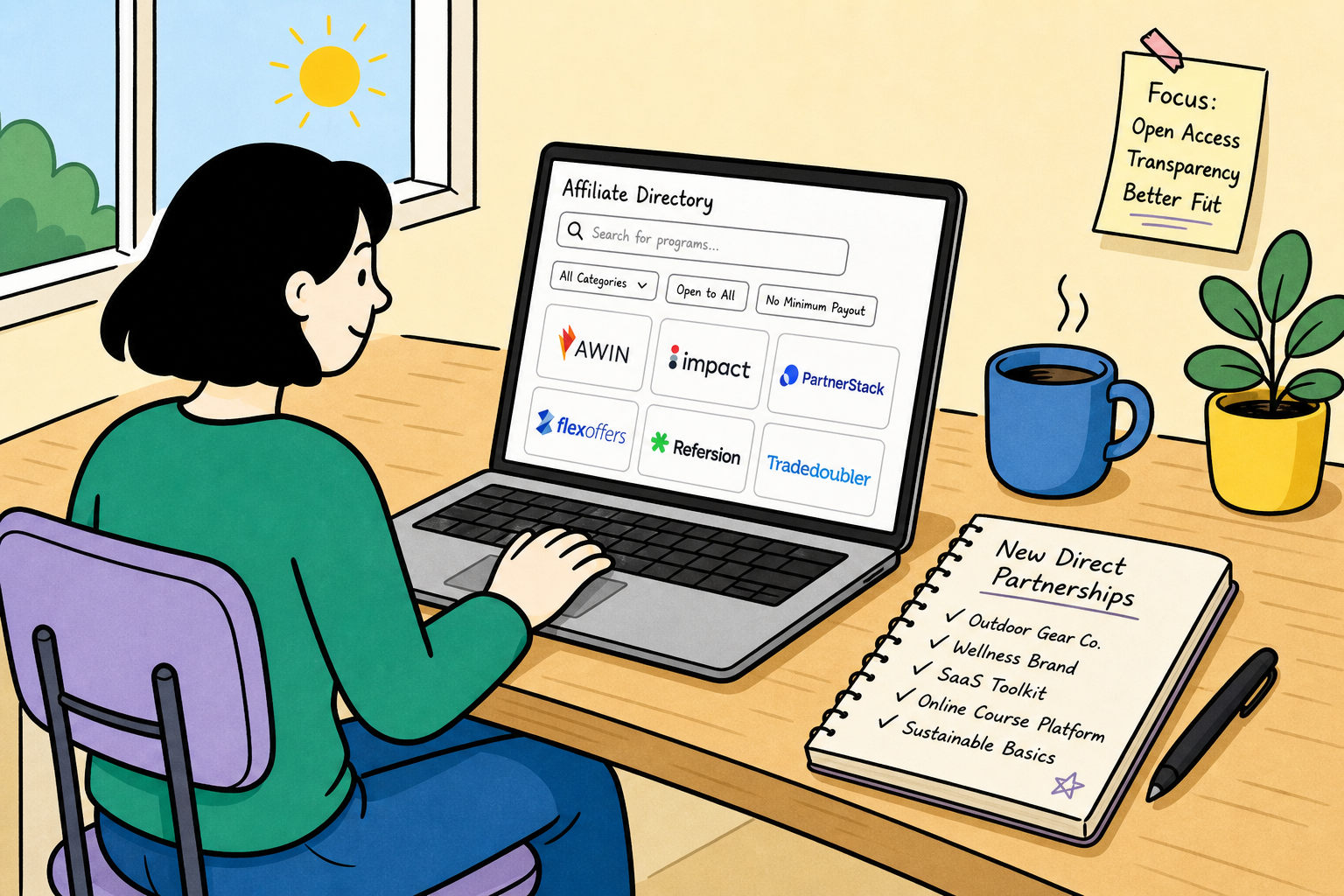 Digital workspace concept with search directories, commission data cards, and affiliate tracking routes.