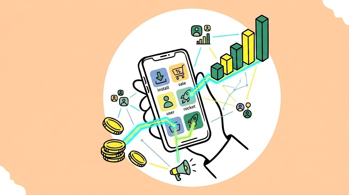Smartphone displaying an affiliate marketing dashboard with graphs showing app install tracking and commissions.